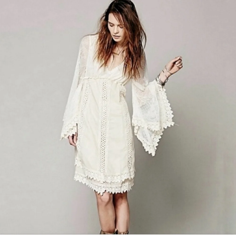Free People Cream Lace Boho Bell Sleeve Dress